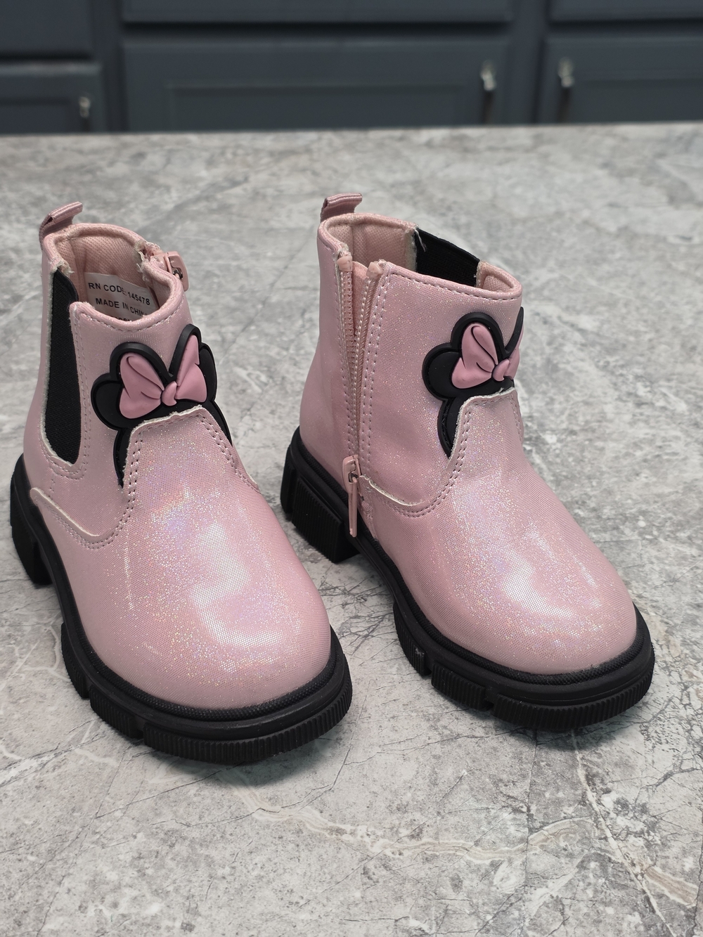 Girls Disney Pink Glitter Ankle Boots with Minnie Bow Accent